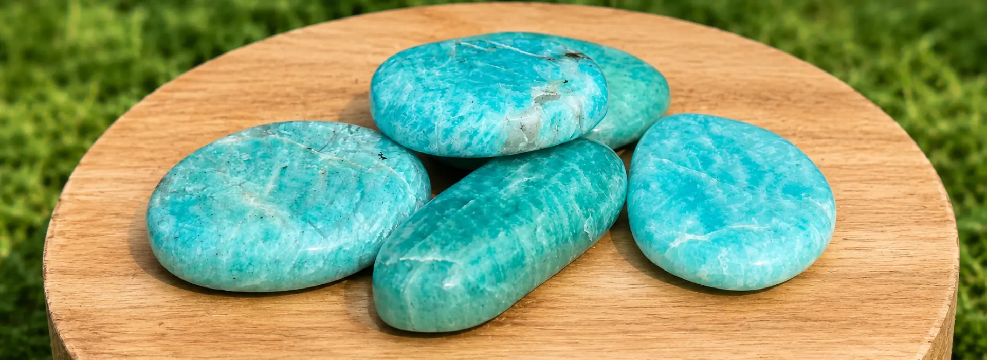 amazonite plate posée sur une planche en bois