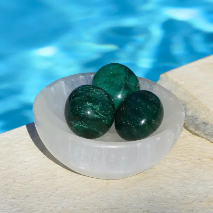 Aventurine verte au bord d'une piscine