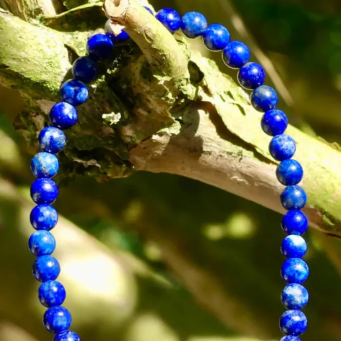 bracelet lapis lazuli posé sur une branche en gros plan