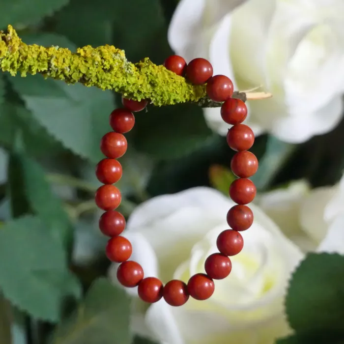 Bracelet jaspe rouge en gros plan, posé sur une branche