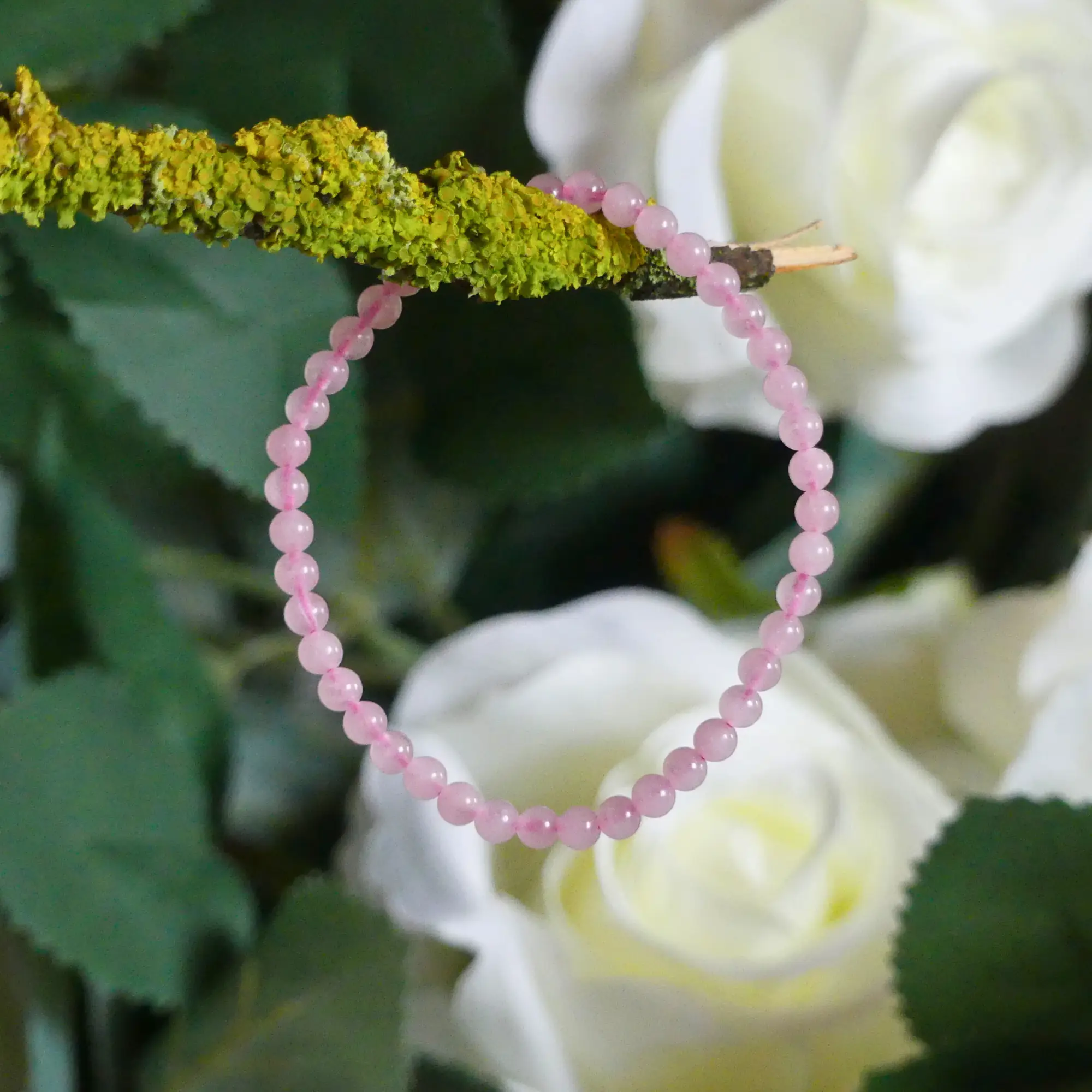 Bracelet quartz rose en gros plan, posé sur une branche