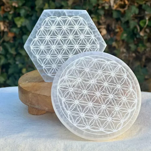 fleur de vie sélénite ronde et hexagonale dans un jardin