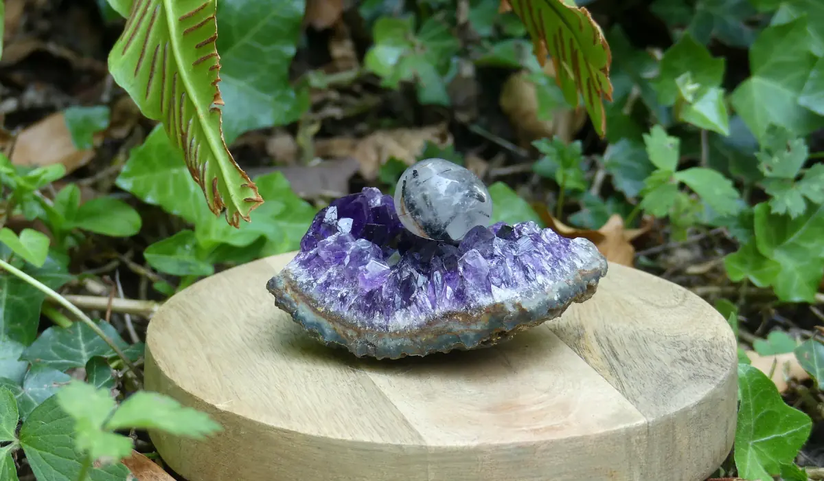 Un pierre roulée sur une améthyste, dans un jardin