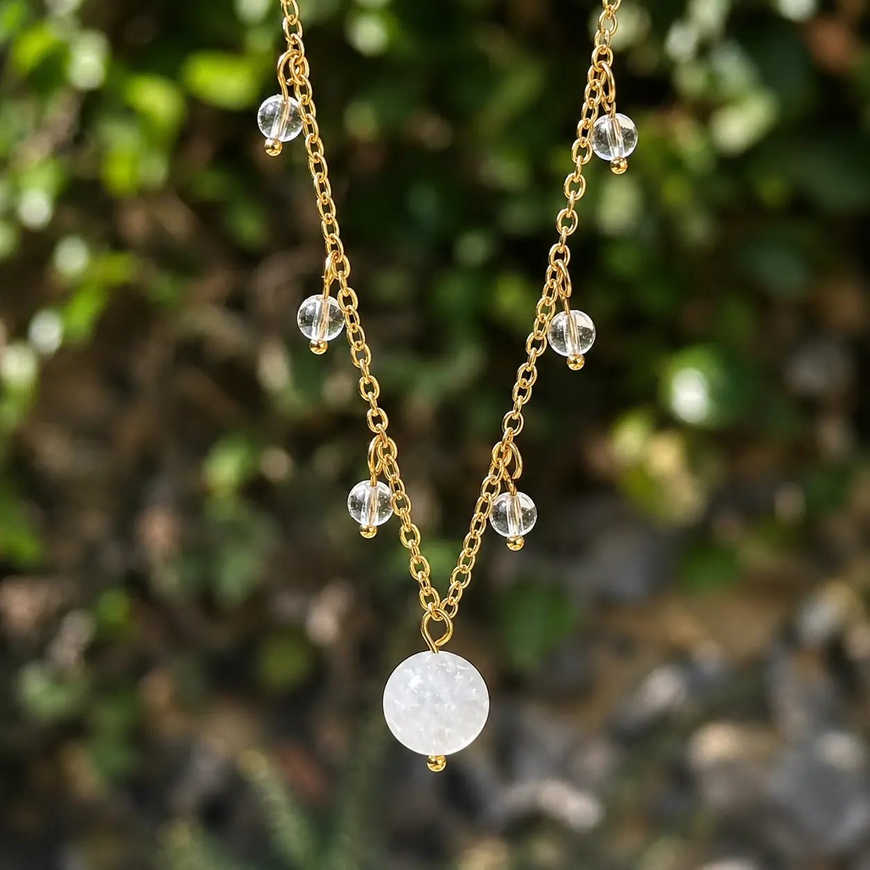 collier reliques n°1 pierre de lune sur une branche d'arbre