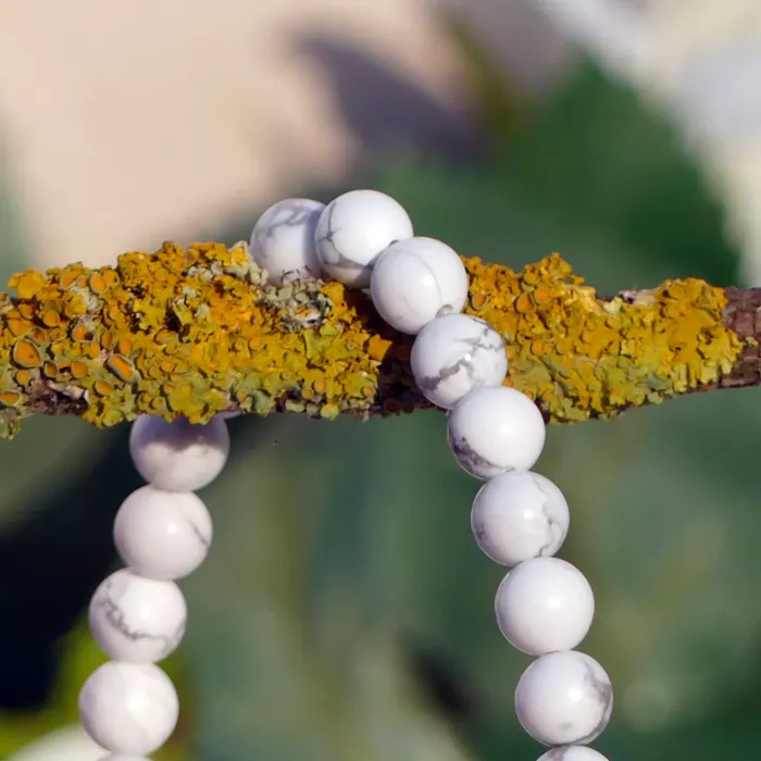 bracelet howlite sur une branche en gros plan