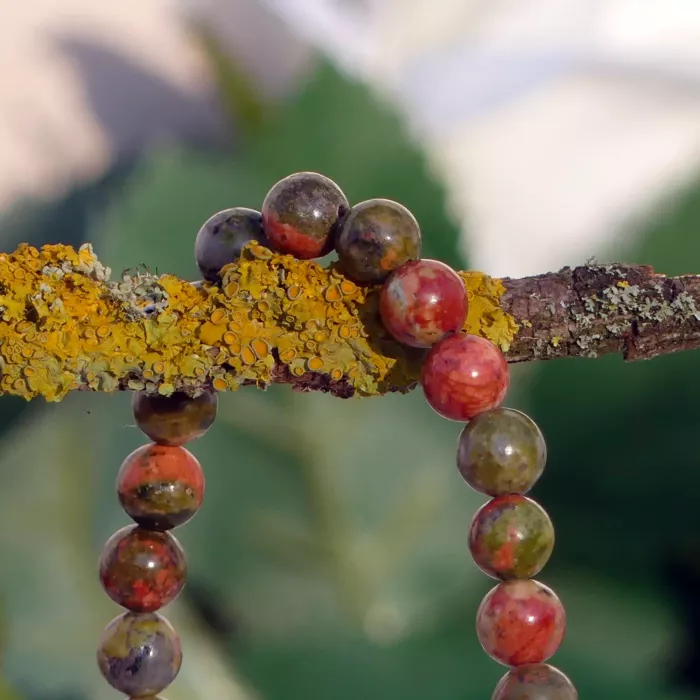 bracelet unakite posé sur une branche en gros plan