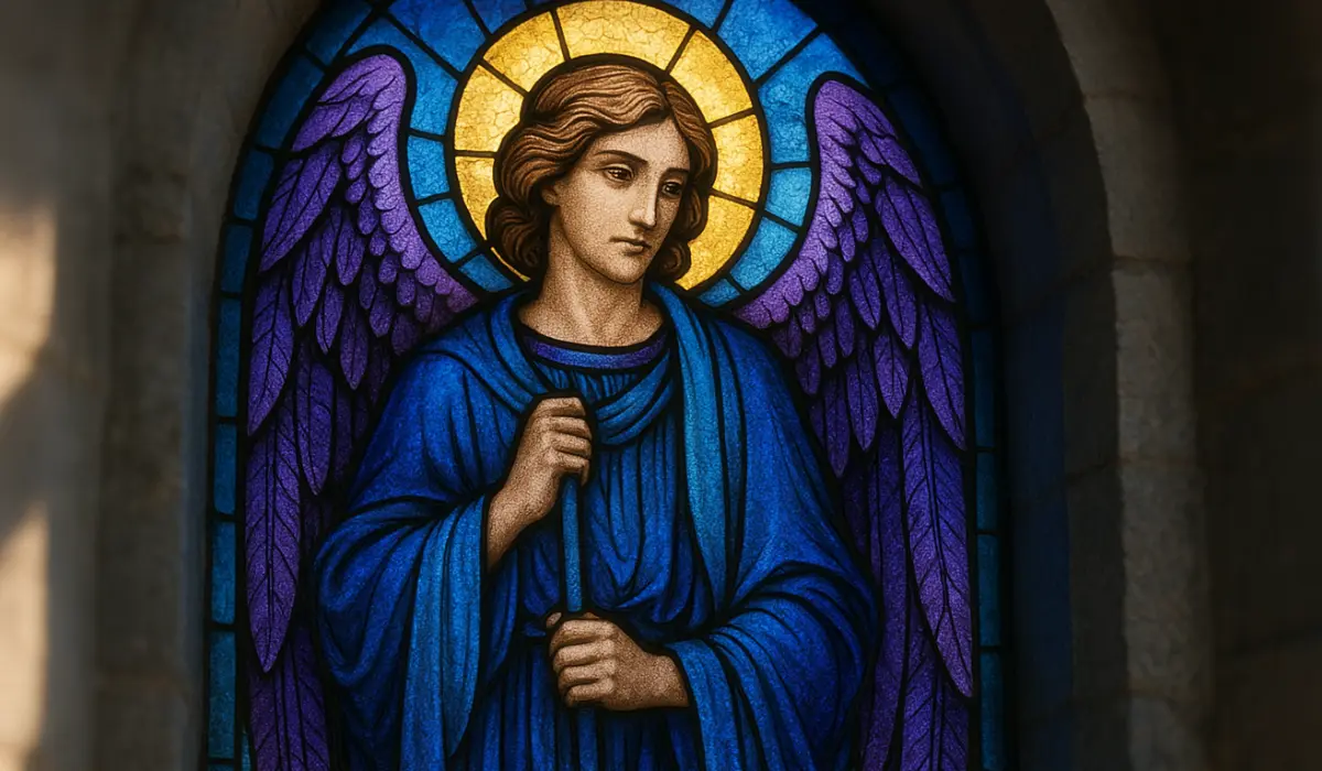 Ange gardien Poyel dans le vitrail d'une église, vue d'artiste