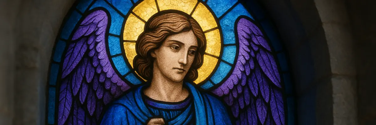 Ange gardien Poyel dans le vitrail d'une église, vue d'artiste