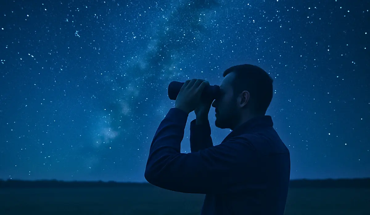 Homme regardant le ciel nocturne avec des jumelles