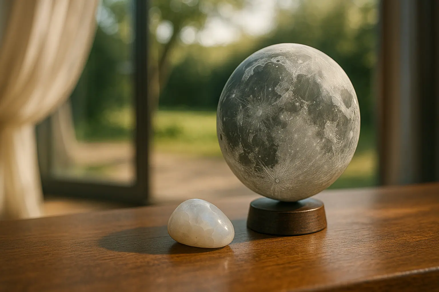 Un petit globe de la Lune avec un joli morceau de pierre de lune à côté, dans un salon