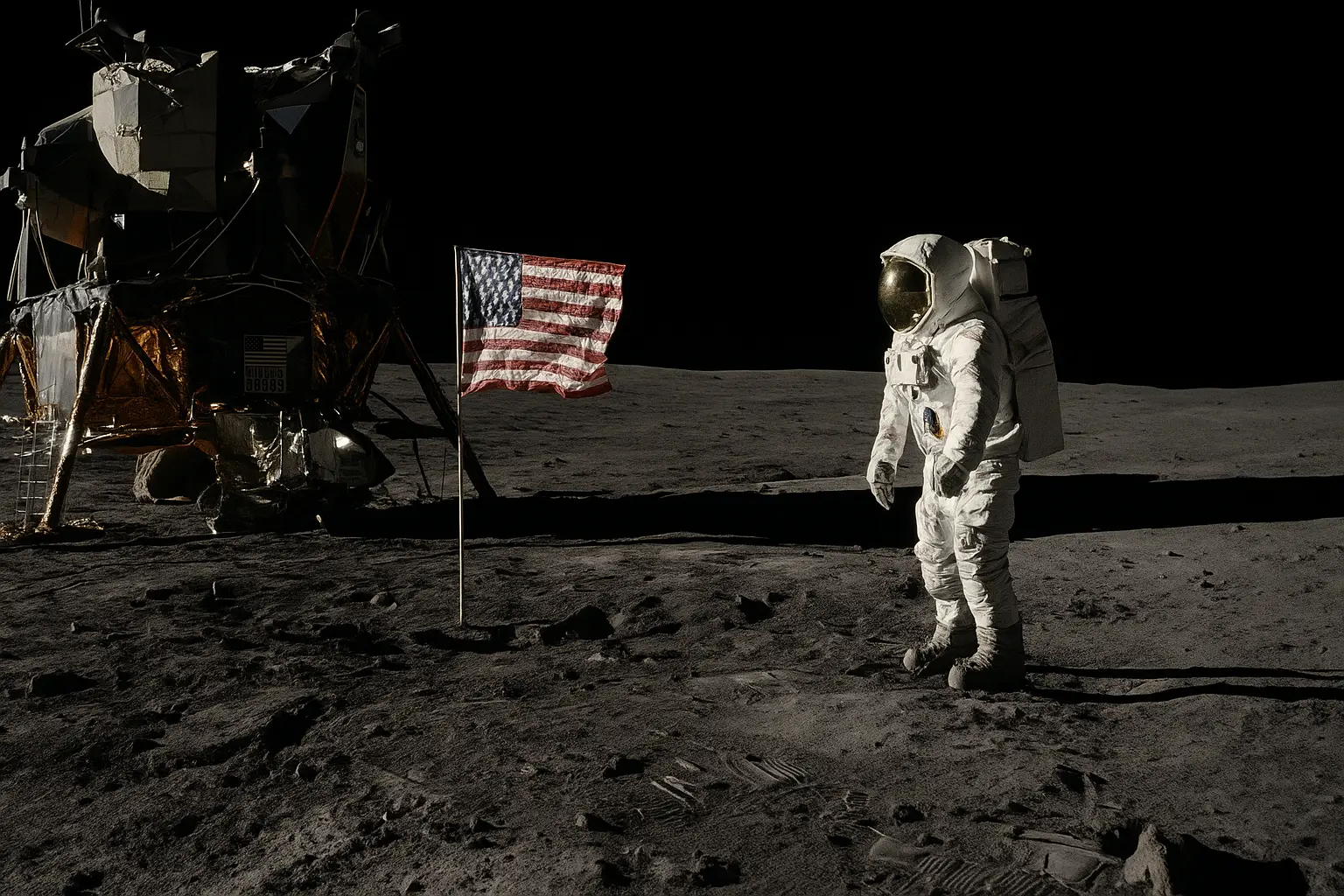 Vue d'artiste de la mission apollo 11, Neil Armstrong au premier plan