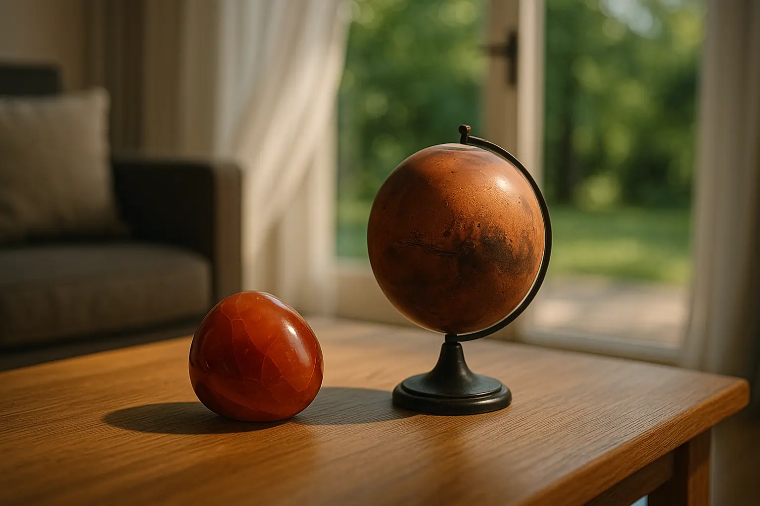 Un globe de Mars et une pierre cornaline, dans un salon