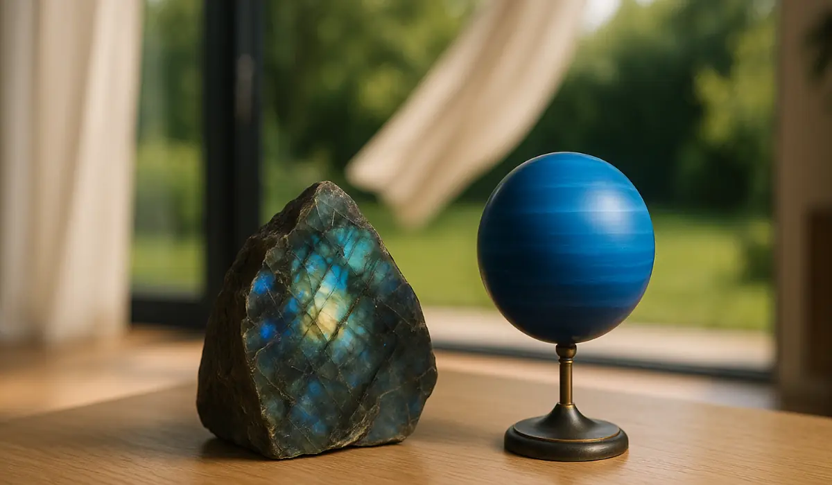 Globe de Neptune et grosse labradorite dans un salon