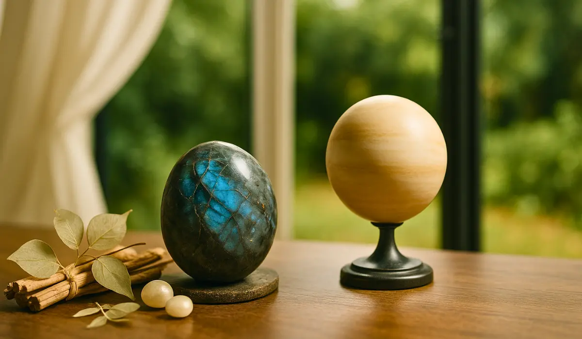 astre-planete-salon-table-labradorite-venus une labradorite et un petit globe de venus posé dans un salon
