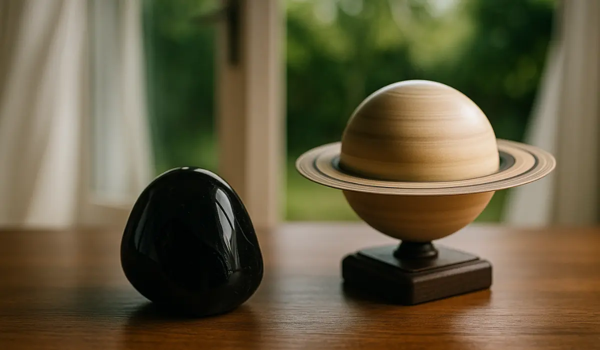 Saturne et une tourmaline noire dans un salon