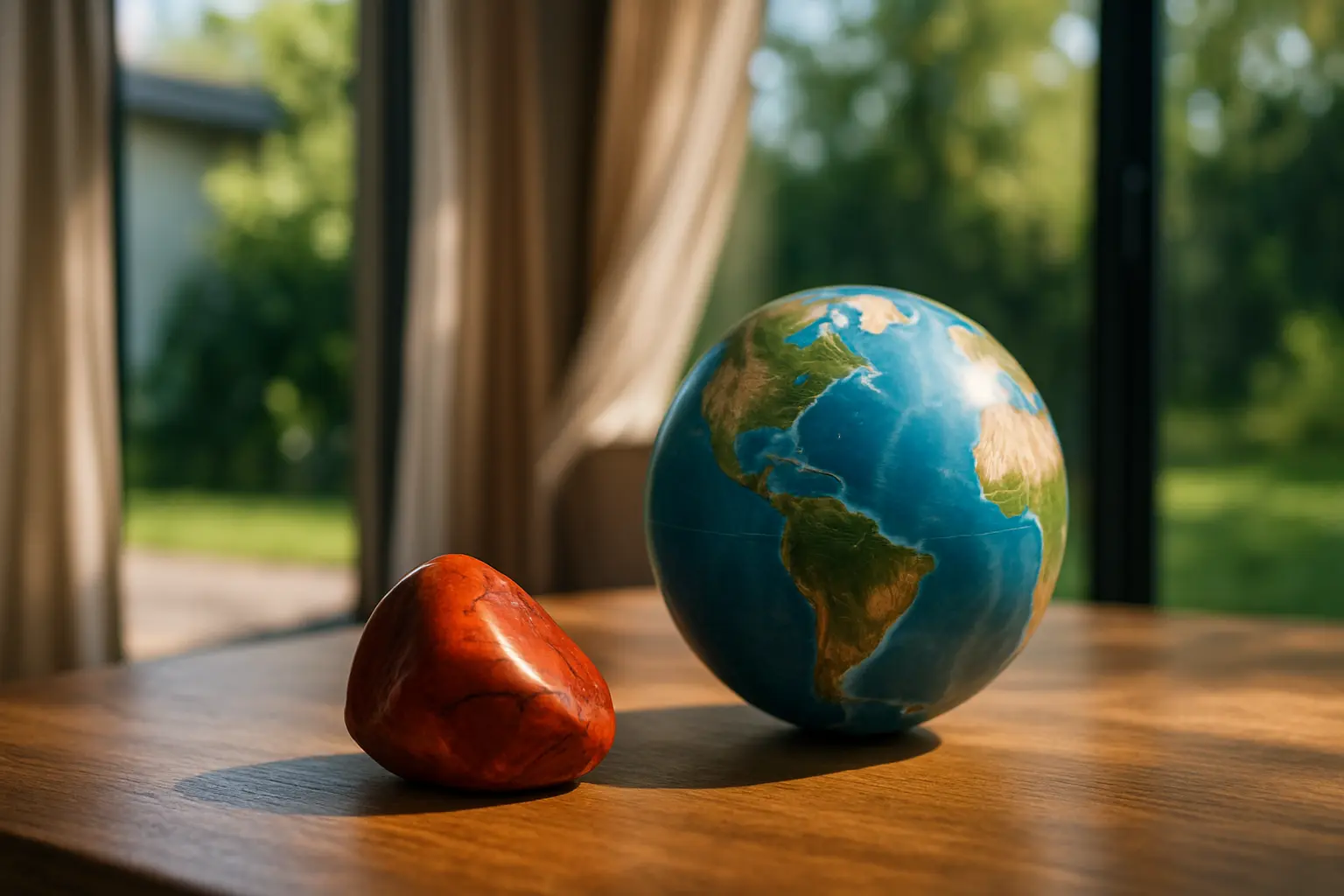 Un petit globe de la Terre avec un joli morceau de jaspe rouge à côté, dans un salon