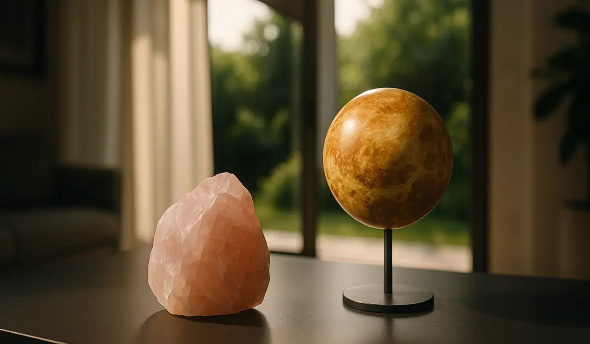 Globe de Vénus au côté du pierre de quartz rose, dans un salon