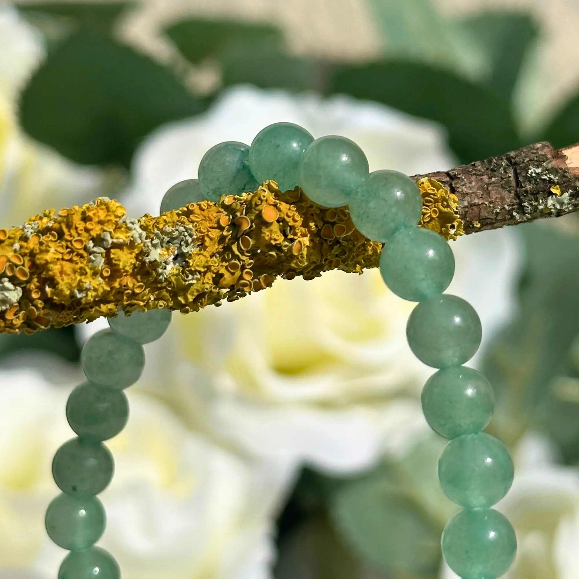 Bracelet aventurine verte 6 mm posé sur une branche