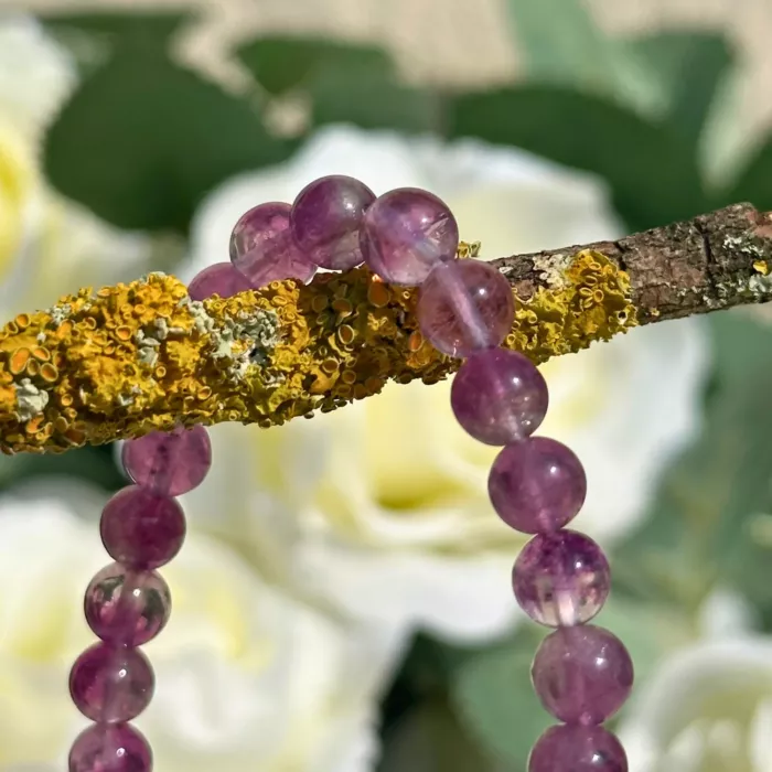 Bracelet fluorite violette posé sur une branche