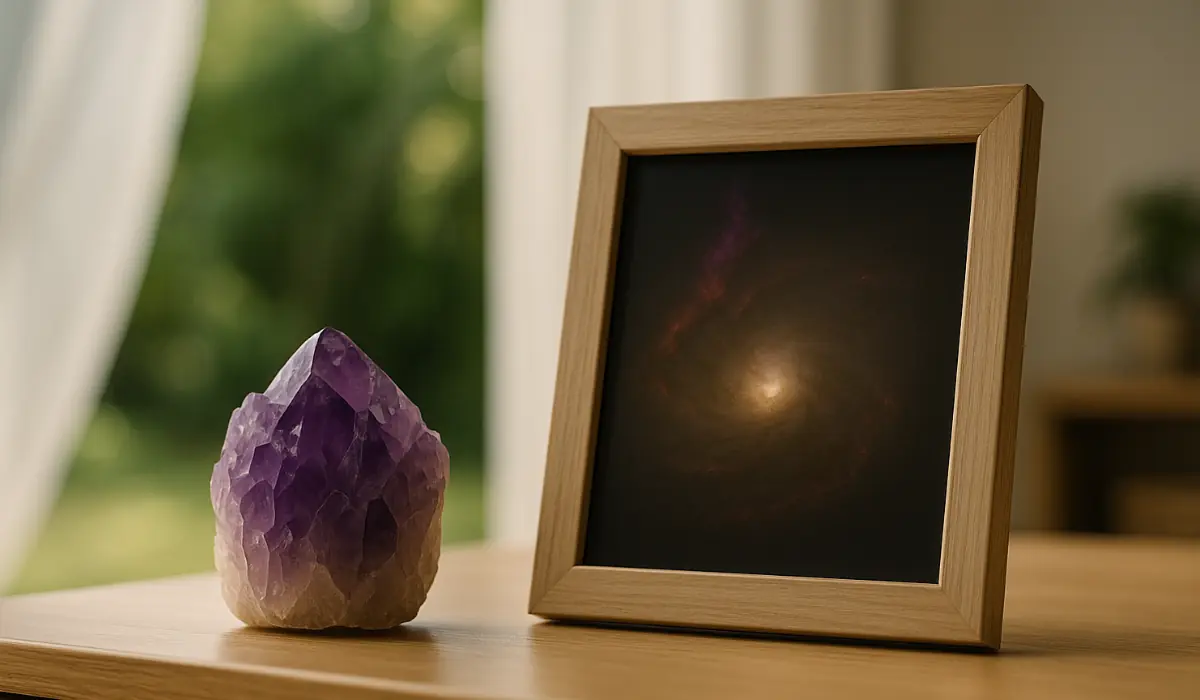 Galaxie du Compas dans un cadre photo, au côté d'une amethyste