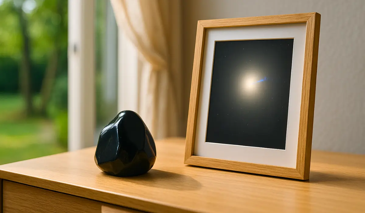 Galaxie Messier 87 et obsidienne noire, dans un salon