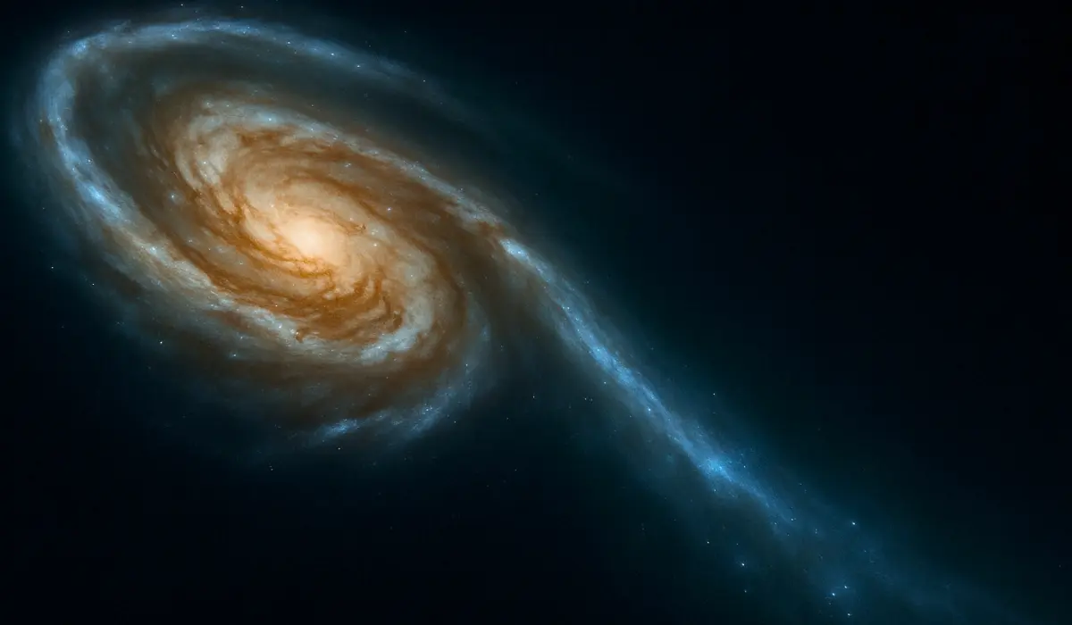 Galaxie du Têtard, en gros plan, vue d'artiste