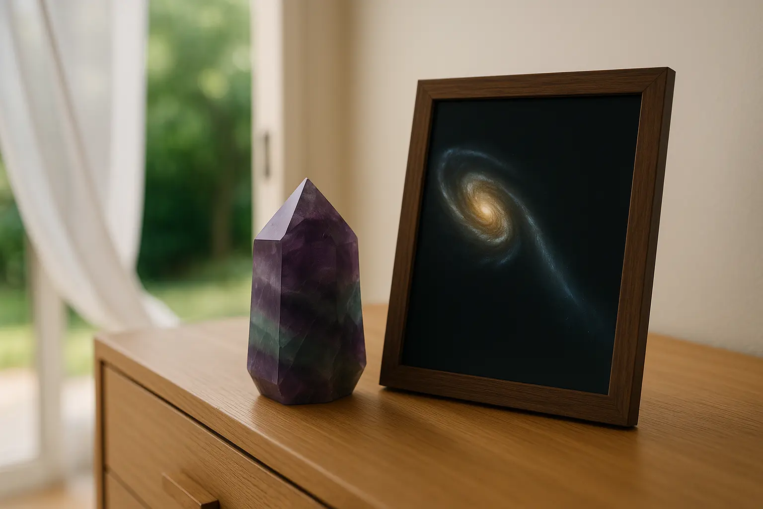 Galaxie du Têtard dans un cadre photo près d'une labradorite