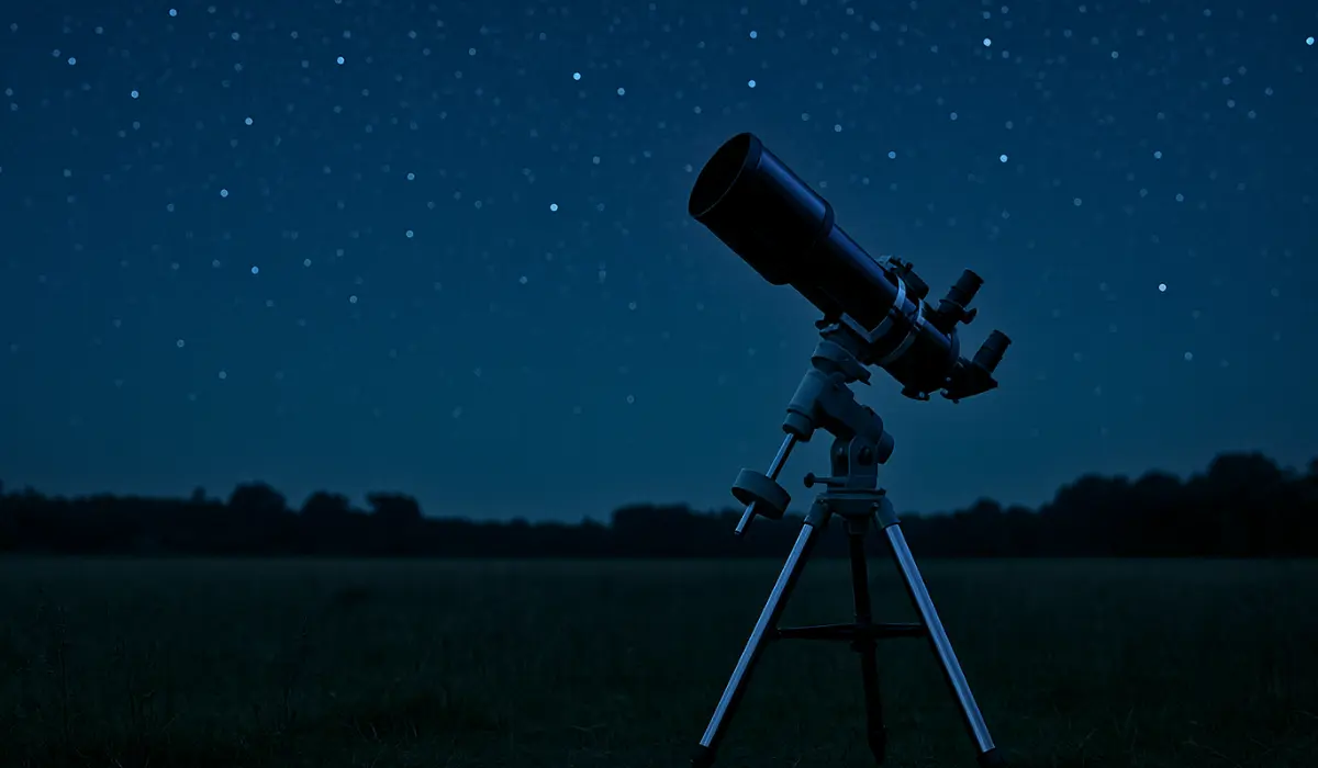 Lunette astronomique, de nuit, dans un champ