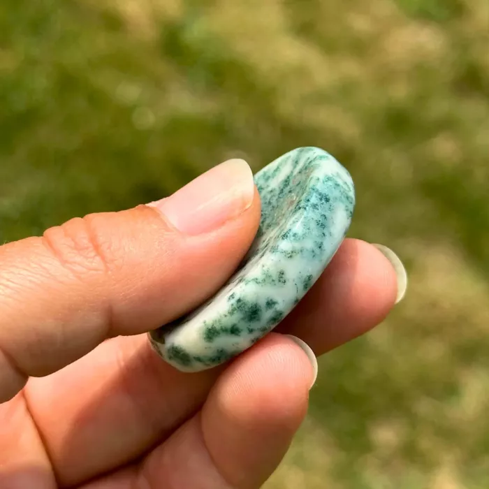 Galet anti-stress en agate arbre tenu dans la main d'une jeune femme