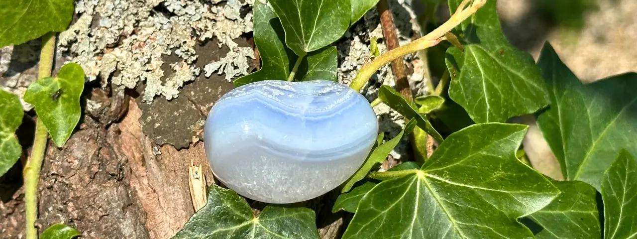 Calcédoine bleue roulée posée d'un arbre