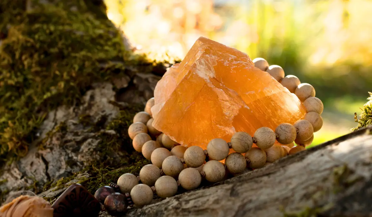 Calcite orange et bracelet en bois