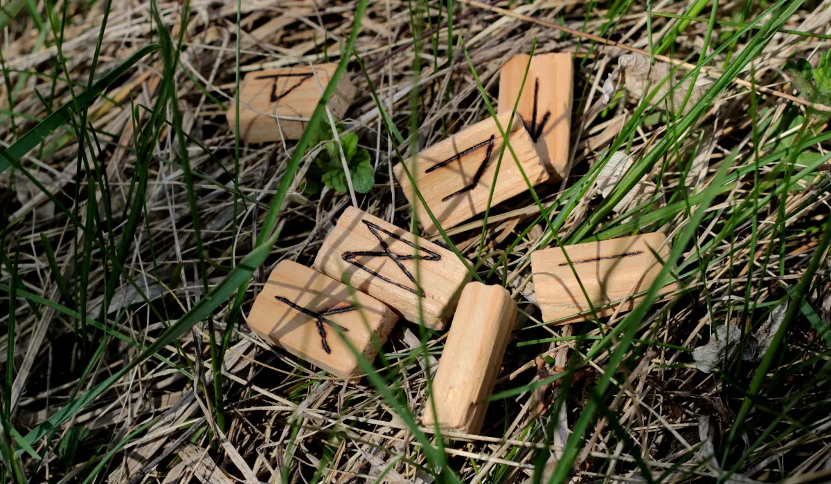 Runes en bois dans l'herbe