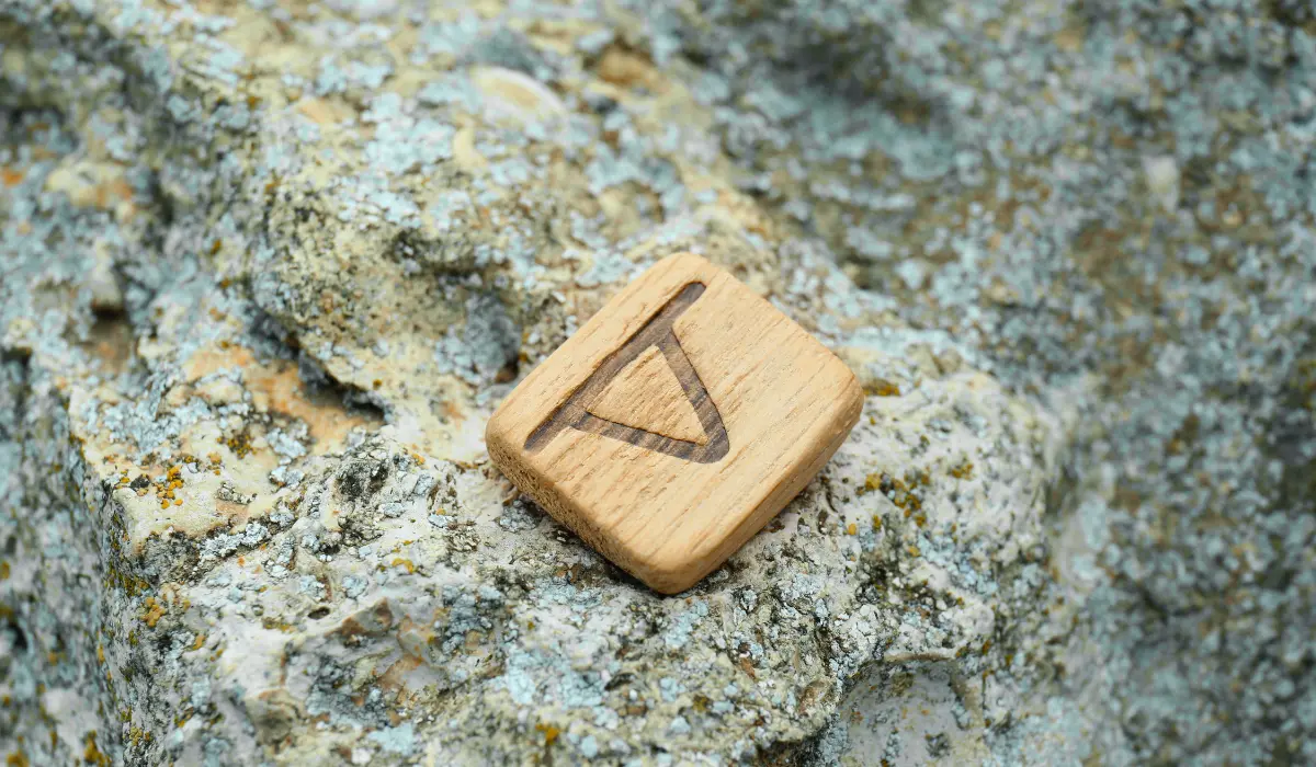 La rune Thurisaz en bois, posée sur un rocher