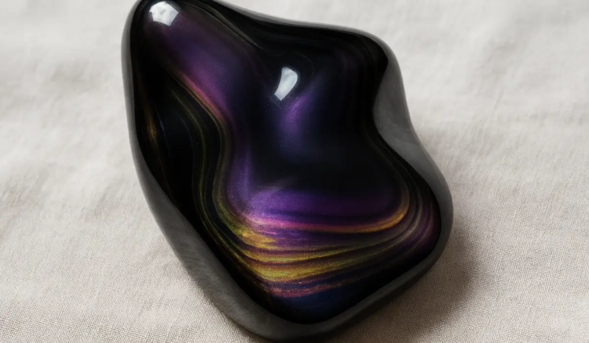 Une obsidienne arc en ciel polie et difforme