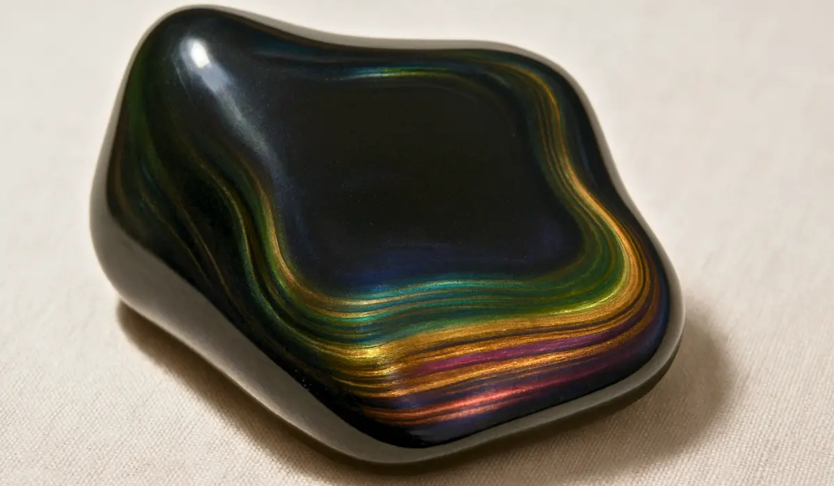 Une obsidienne arc en ciel polie et difforme