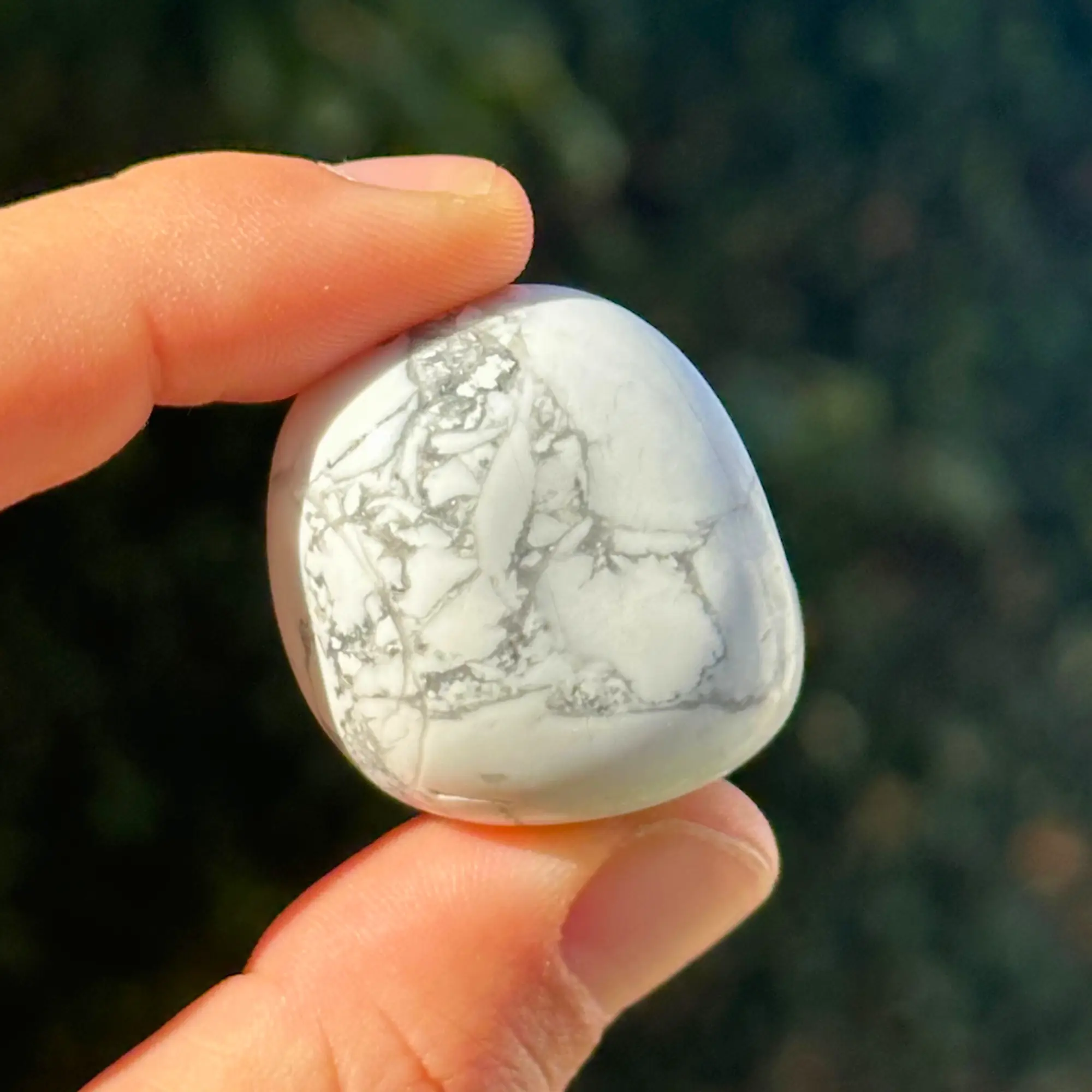 Howlite blanche roulée tenue entre deux doigts