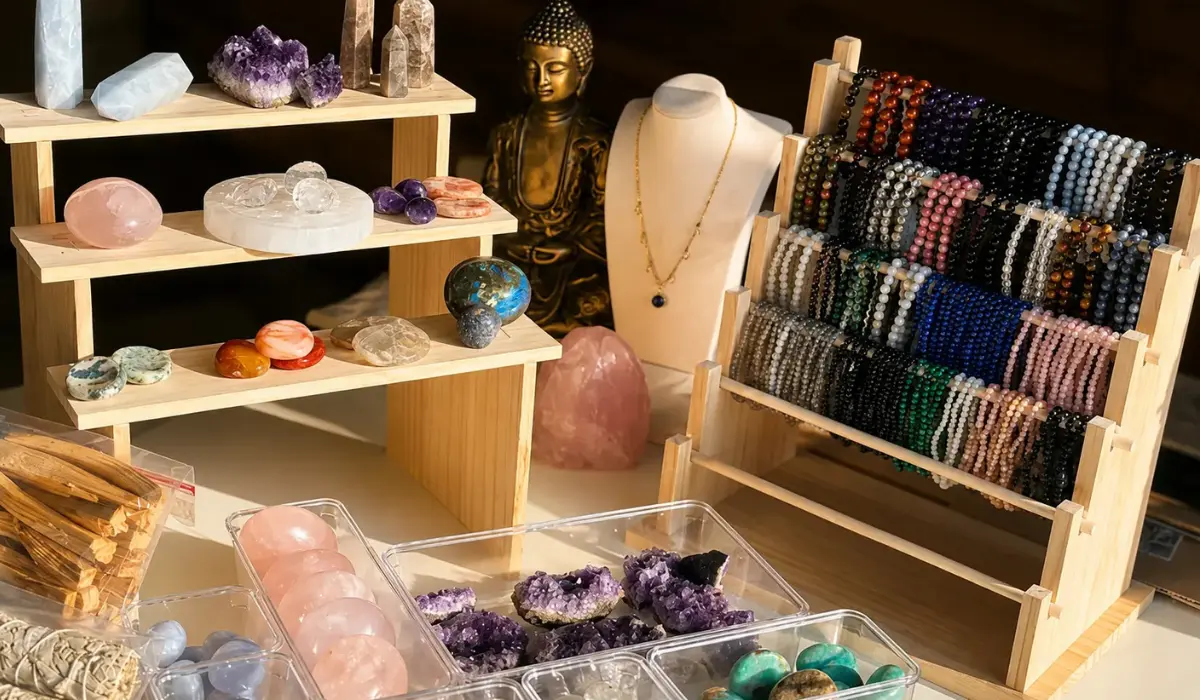 stock de pierres, bracelets, colliers, minéraux, encens et palo santo des Reliques