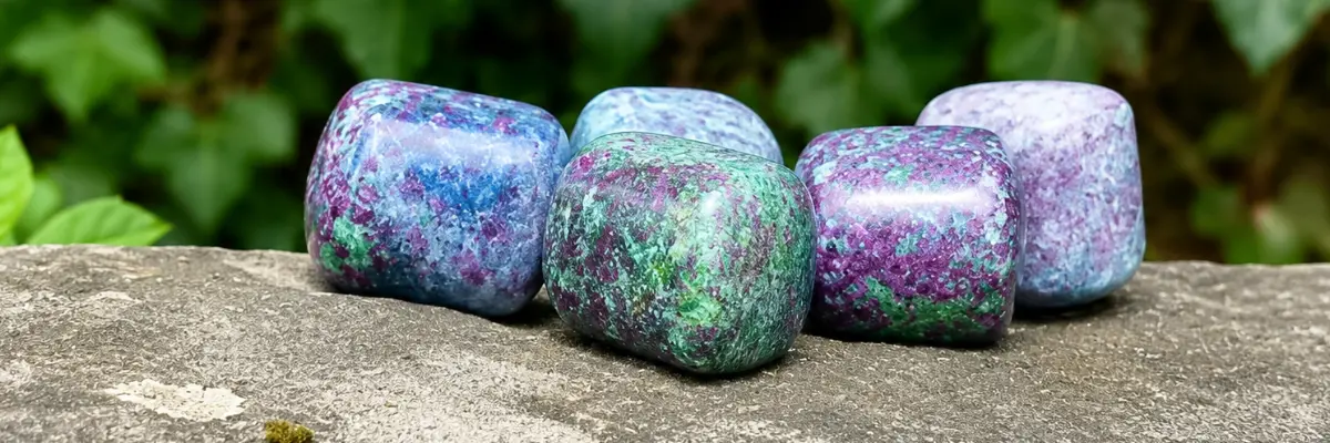 Cinq pierres de rubis fuchsite et cyanite sur un rocher au soleil