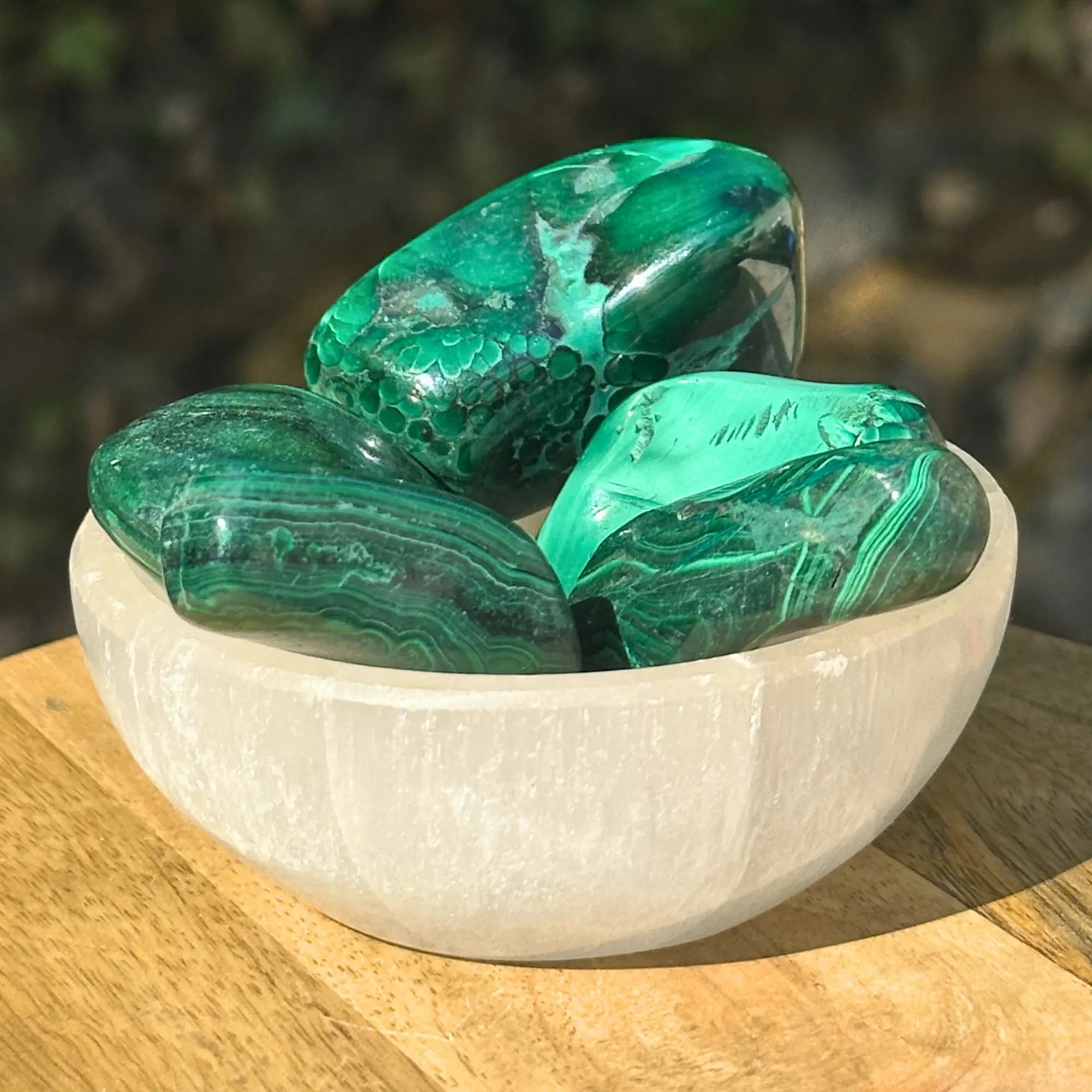 Malachite roulée dans un bol en sélénite