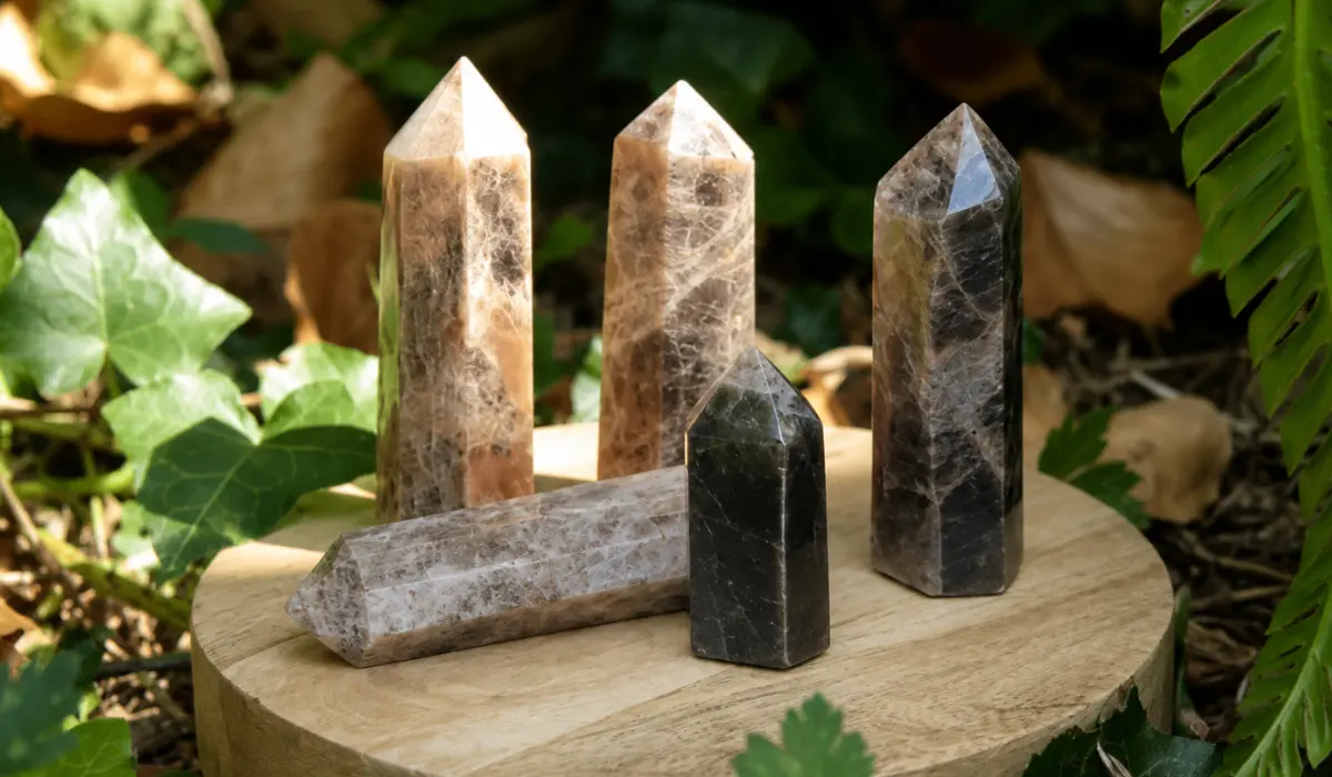 Cinq druses en pierre naturelle sur un socle en bois, dans un jardin
