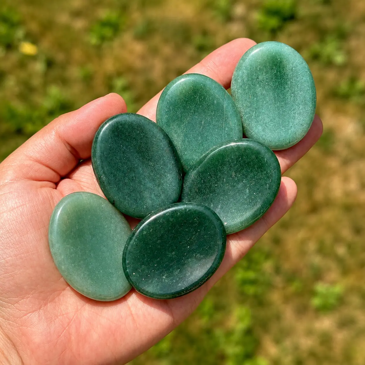 Galet anti-stress aventurine verte posé sur la main
