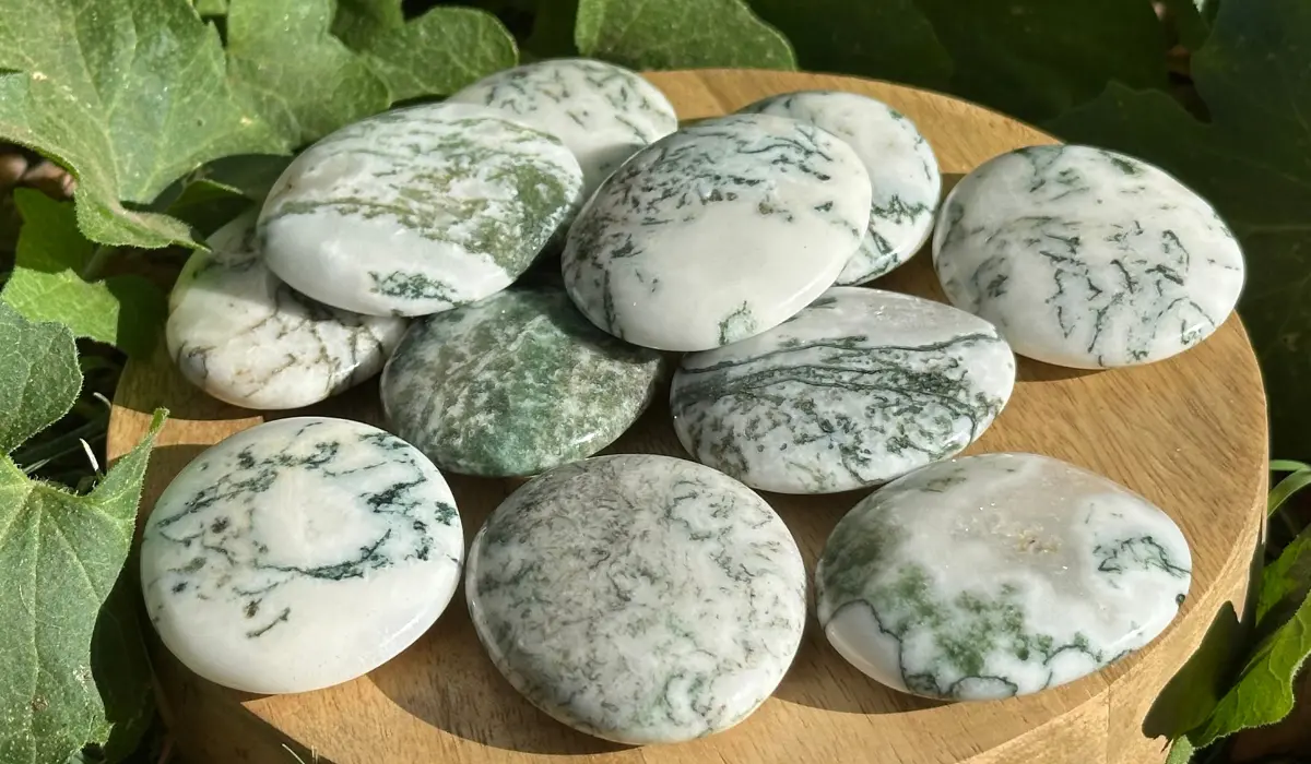 galet agate arbre sur une plaque en bois