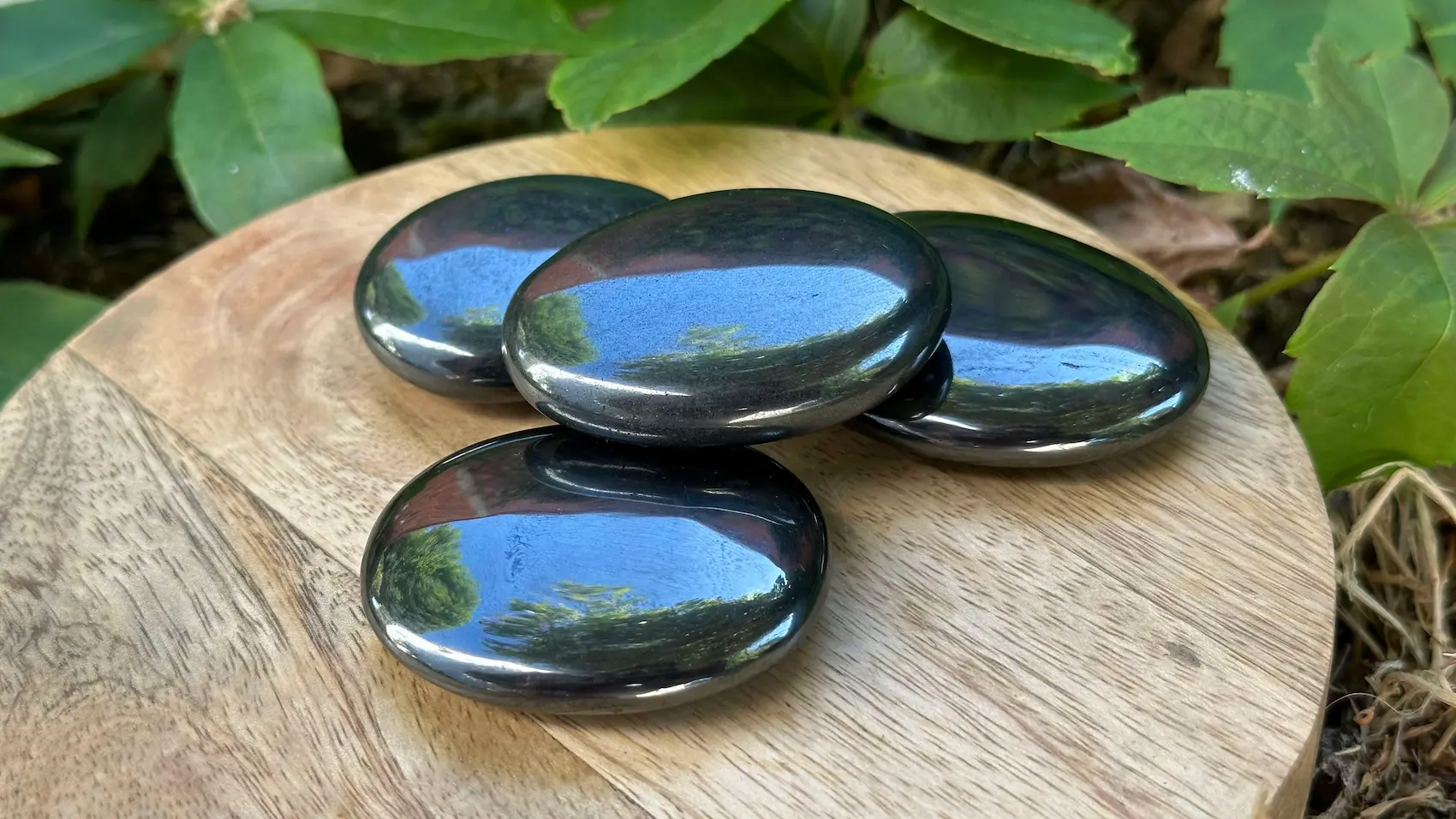 quatre galets en hématite dans un jardin